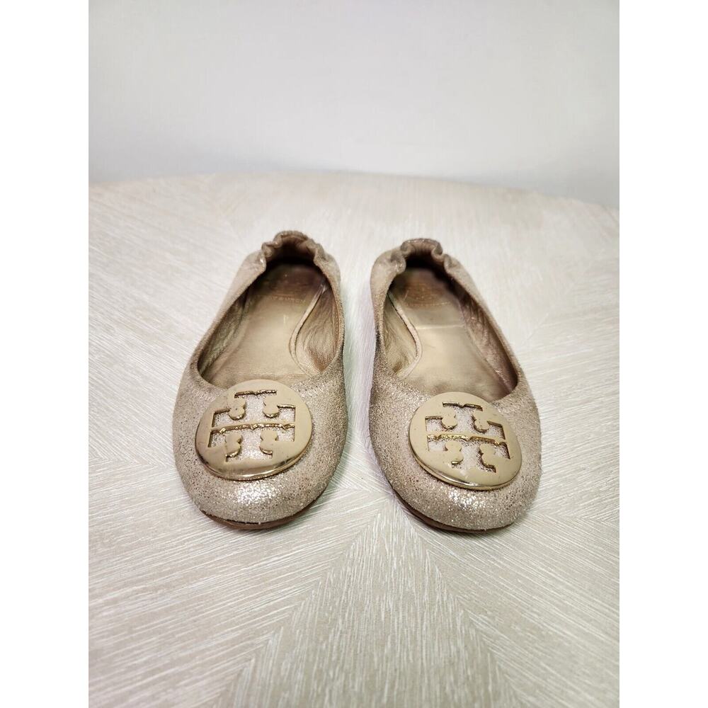 TORY BURCH 'Minnie' Travel Ballet Flat Royal Mettalic Gold Glitter Logo Sz 6M - Picture 2 of 9